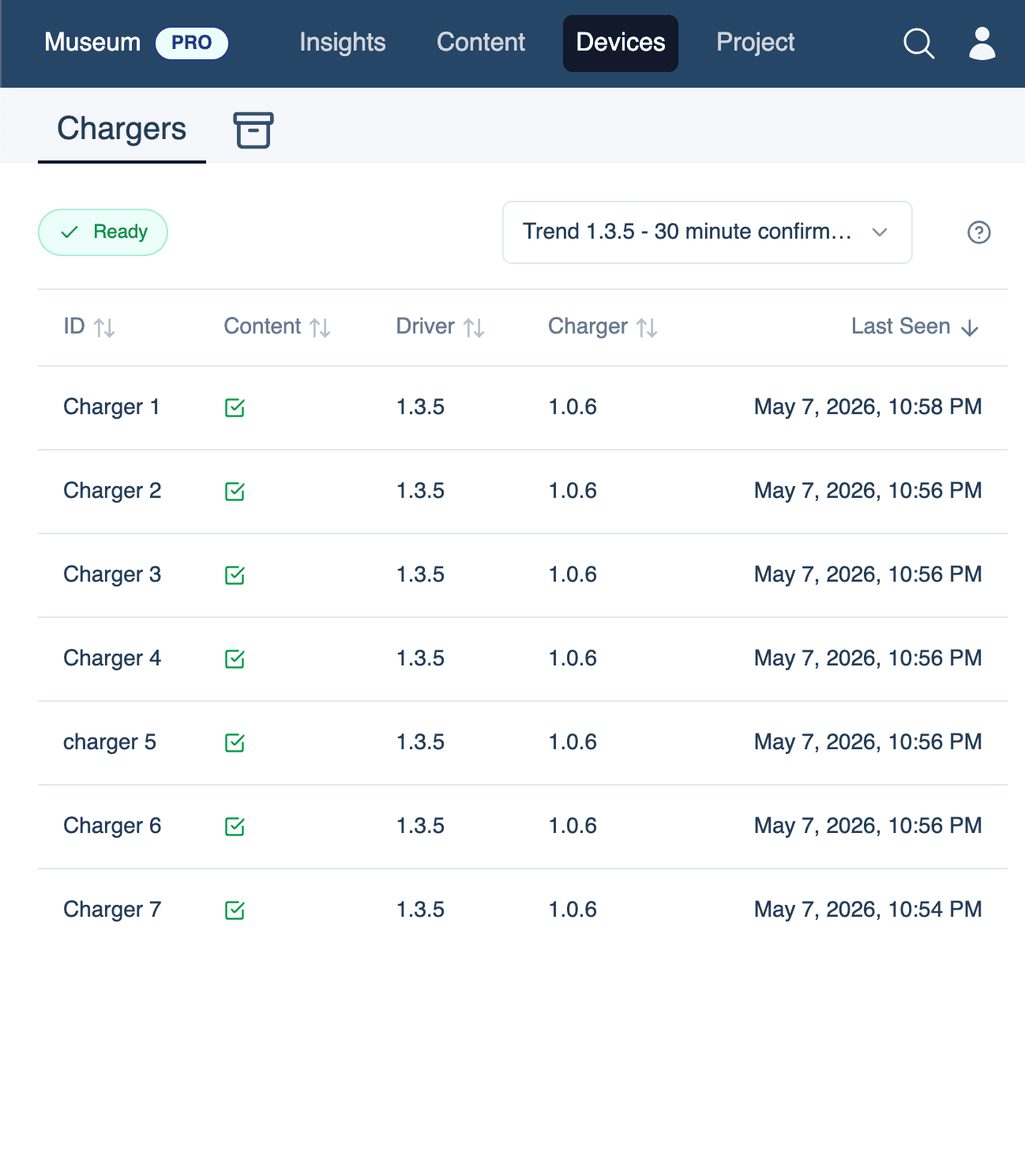 Look2Guide chargers management screen